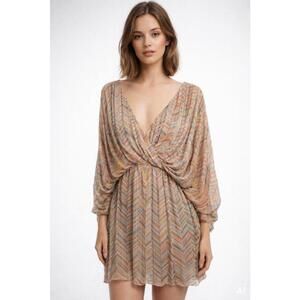 Parker Fully Beaded Pastel Chevron 100% Silk Chiffon Dress XS Art Deco Cocktail